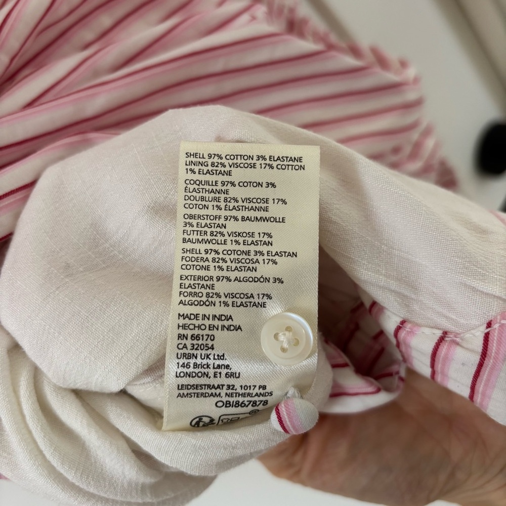 NWOT Maeve Anthropologie Fitted Ruched Mini Shirt Dress Pink Striped M - Picture 8 of 9